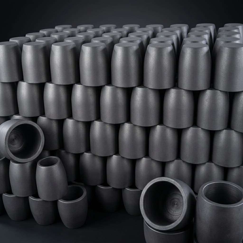 High-purity graphite crucibles for SiC crystal growth — batch production showing manufacturing scale and machined interior quality